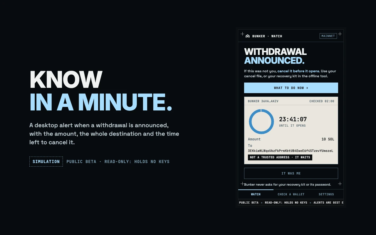 The popup with the heading Withdrawal announced, a cream card with a countdown ring, the amount, the whole destination address, and a button that says What to do now.