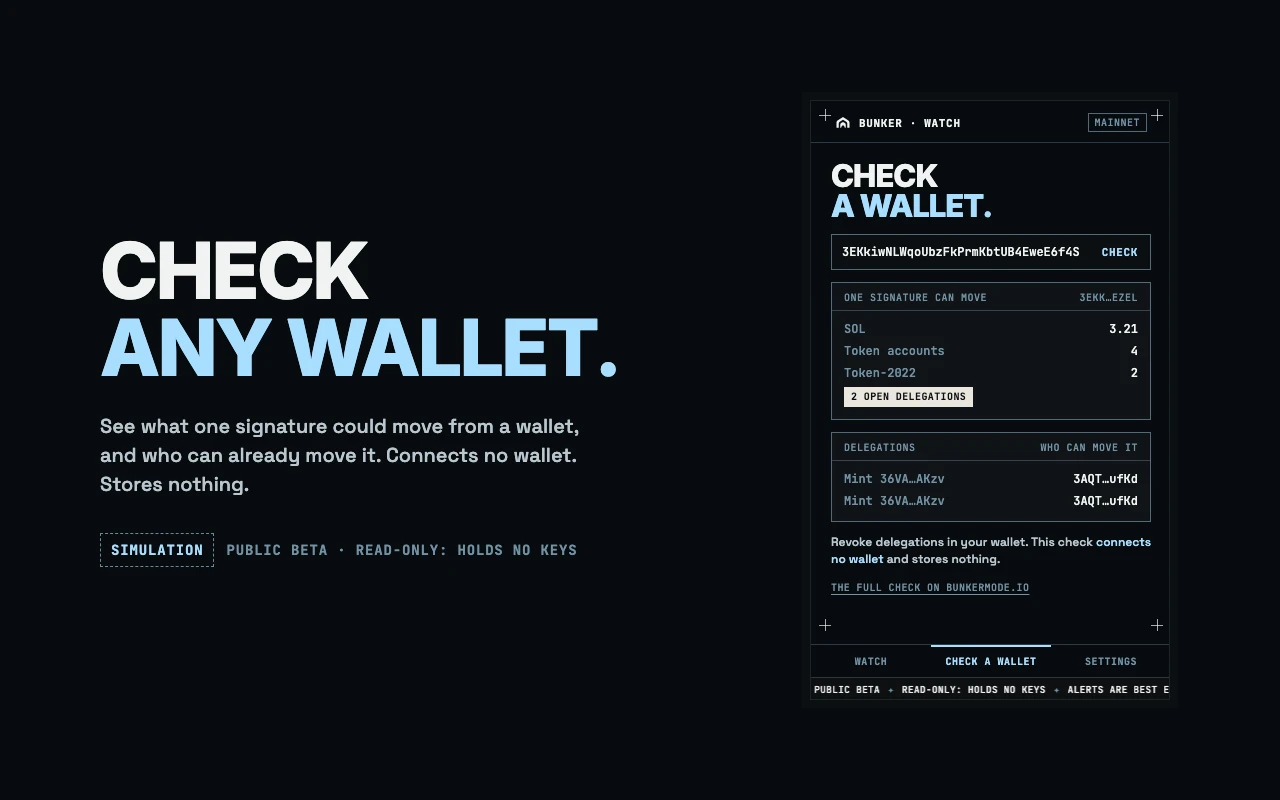 The popup's Check a wallet tab showing a wallet's SOL, its token accounts, and two open delegations.